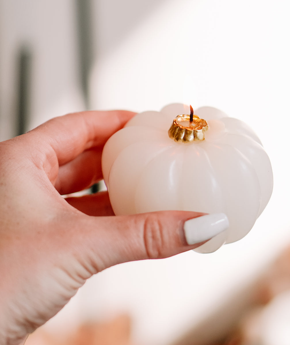 White & Gold Pumpkin Altar Candles Twig And Stone