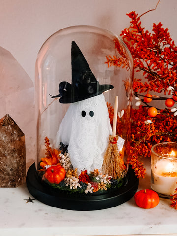 Autumnal Witch Ghostie In Glass Cloche