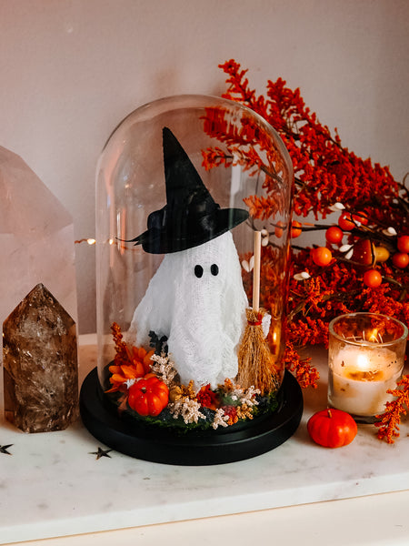 Autumnal Witch Ghostie In Glass Cloche