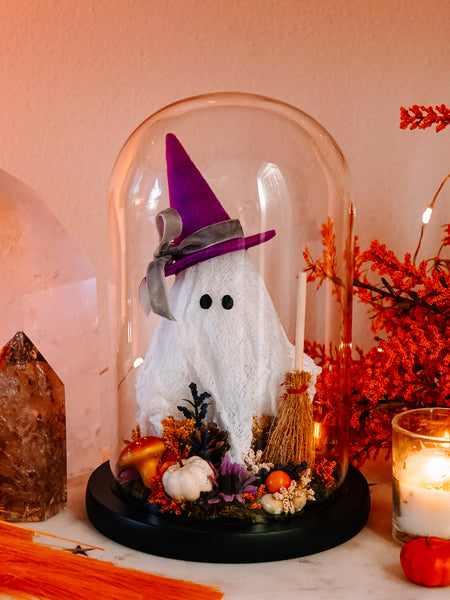 Autumnal Witch Ghostie In Glass Cloche