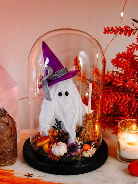 Autumnal Witch Ghostie In Glass Cloche