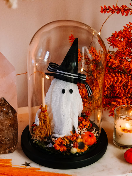 Autumnal Witch Ghostie In Glass Cloche