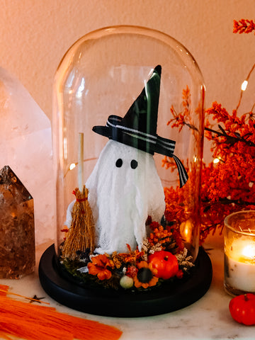 Autumnal Witch Ghostie In Glass Cloche