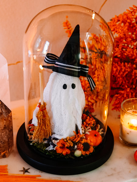 Autumnal Witch Ghostie In Glass Cloche