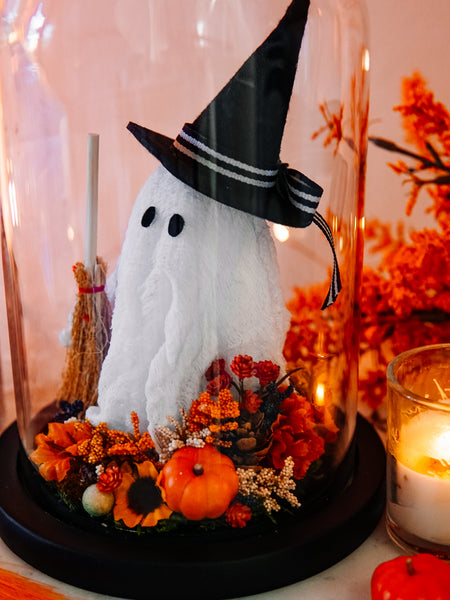 Autumnal Witch Ghostie In Glass Cloche