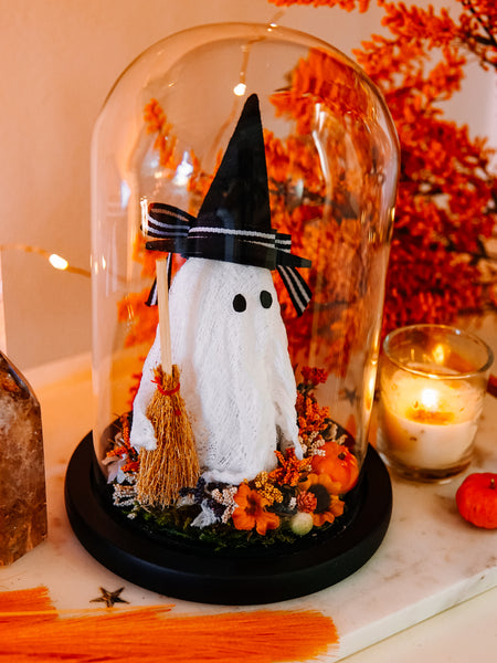 Autumnal Witch Ghostie In Glass Cloche