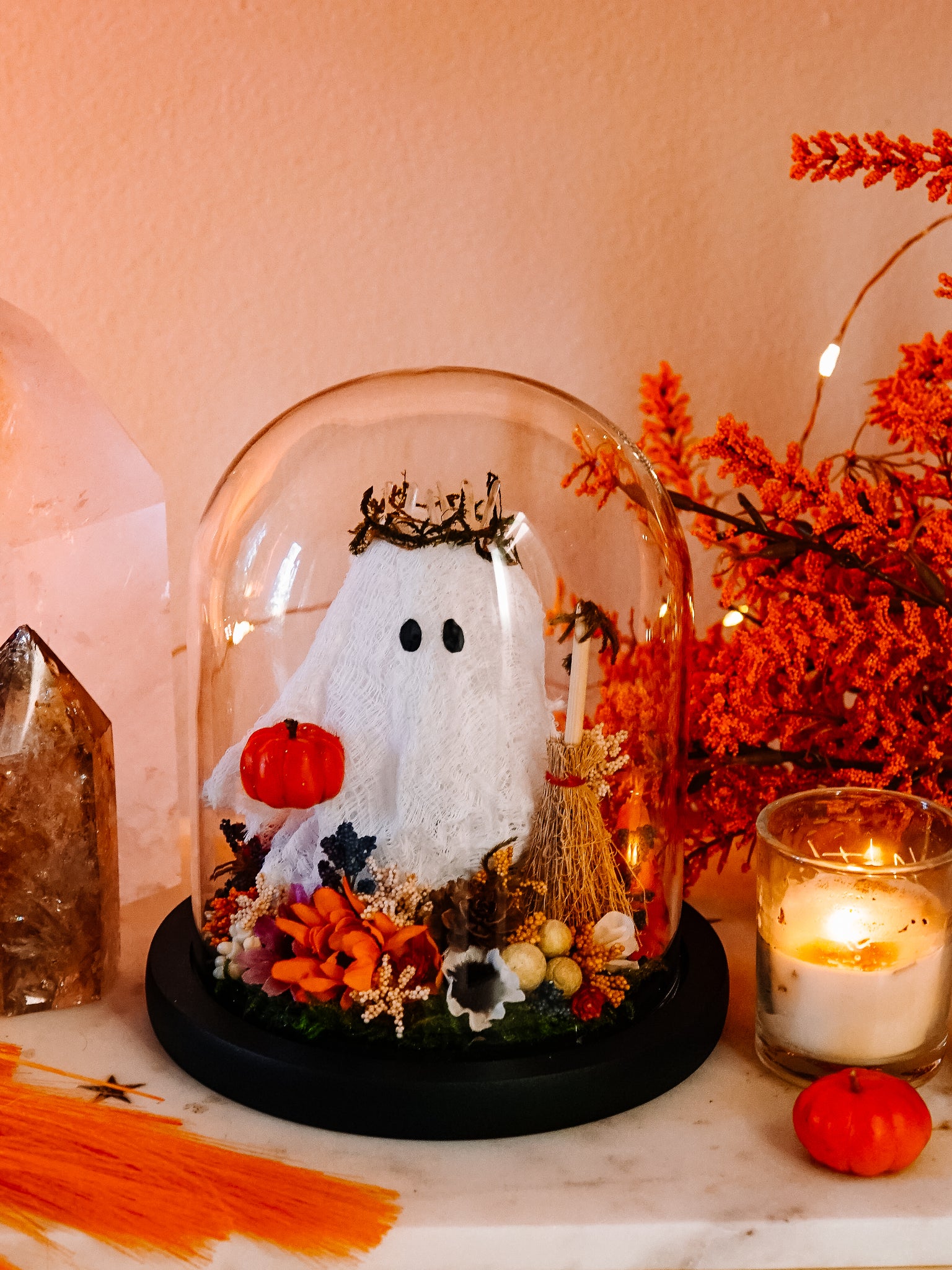 Autumnal Ghostie In Glass Cloche