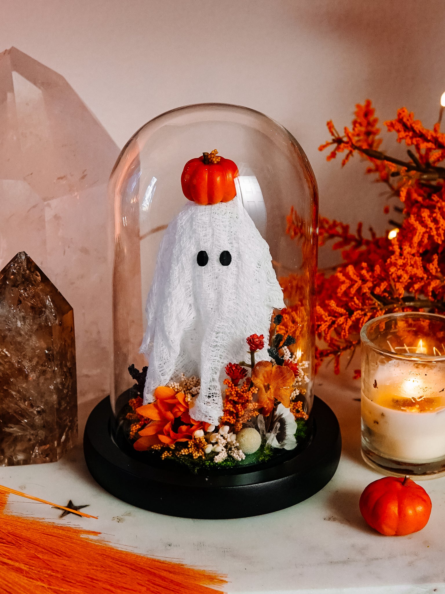 Autumnal Ghostie In Glass Cloche