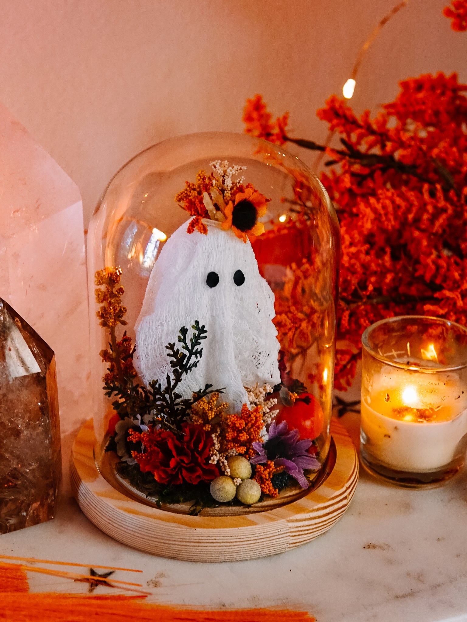 Autumnal Ghostie In Glass Cloche