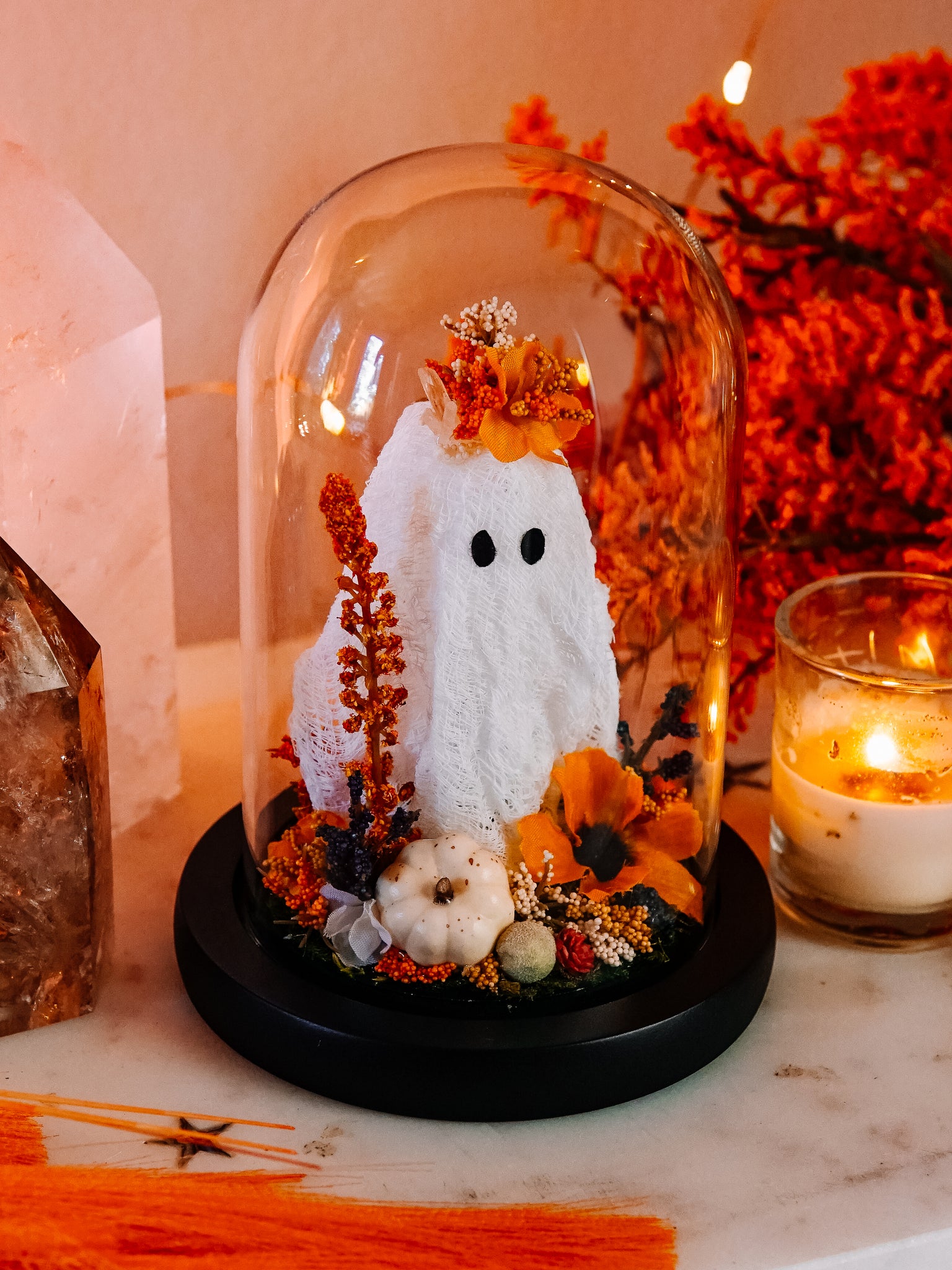 Autumnal Ghostie In Glass Cloche