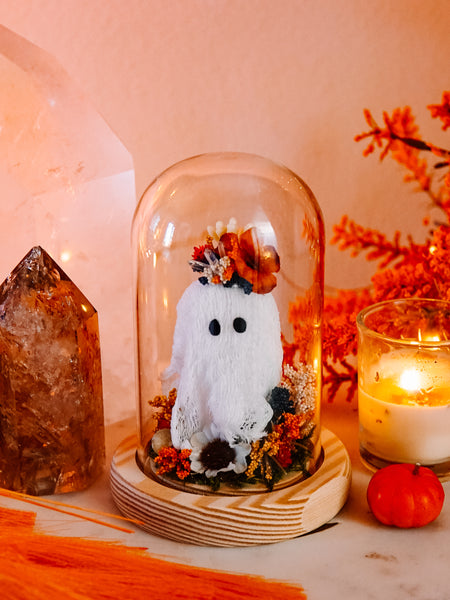 Autumnal Ghostie In Glass Cloche (Itty Bitty)