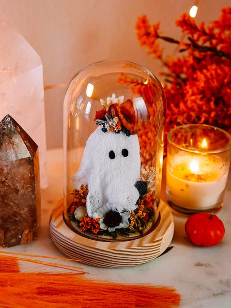 Autumnal Ghostie In Glass Cloche (Itty Bitty)