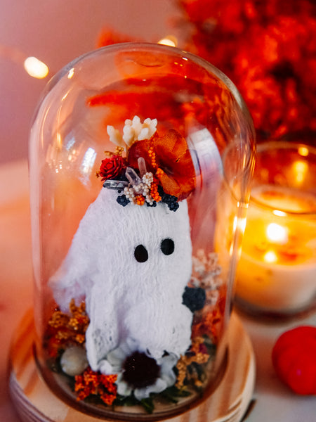 Autumnal Ghostie In Glass Cloche (Itty Bitty)