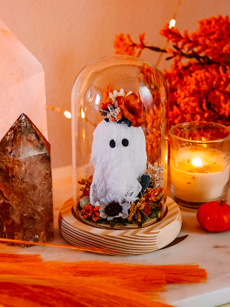 Autumnal Ghostie In Glass Cloche (Itty Bitty)