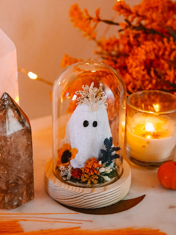 Autumnal Ghostie In Glass Cloche (Itty Bitty)