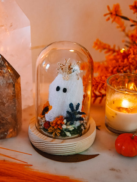 Autumnal Ghostie In Glass Cloche (Itty Bitty)