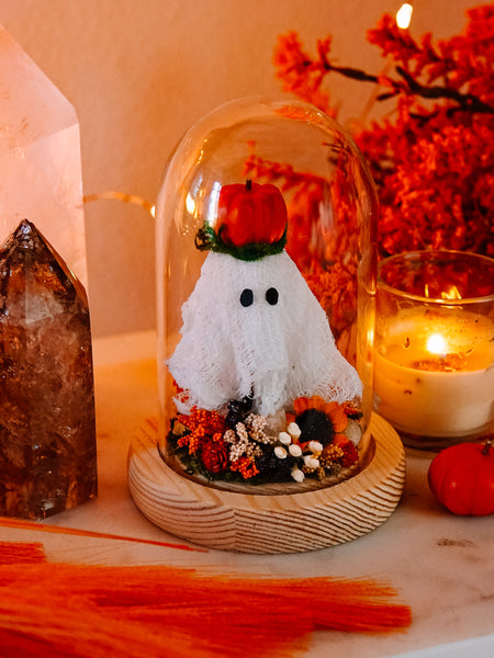 Autumnal Ghostie In Glass Cloche (Itty Bitty)