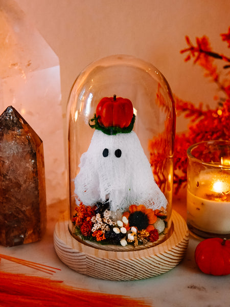 Autumnal Ghostie In Glass Cloche (Itty Bitty)