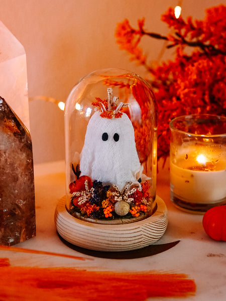 Autumnal Ghostie In Glass Cloche (Itty Bitty)