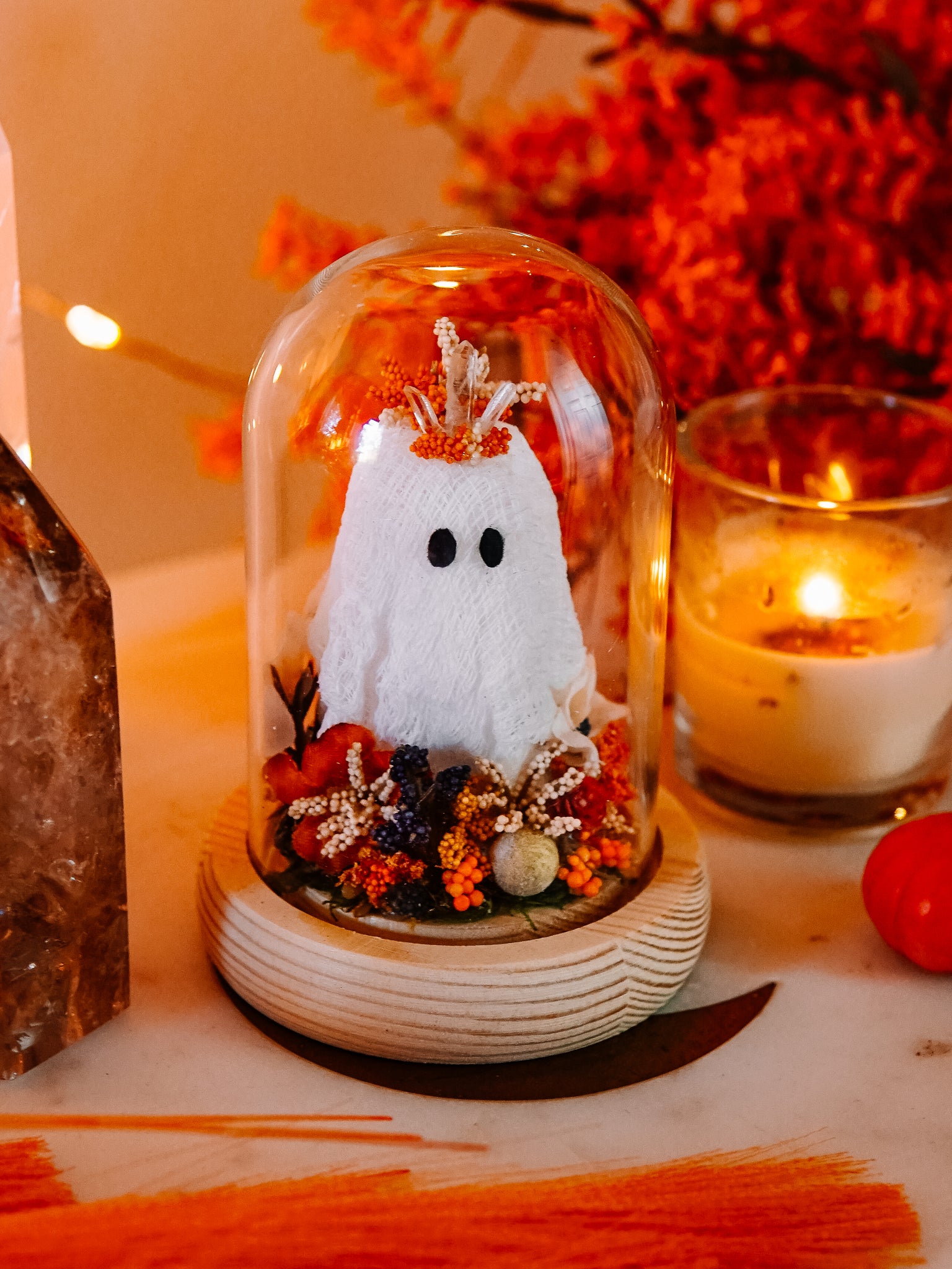 Autumnal Ghostie In Glass Cloche (Itty Bitty)