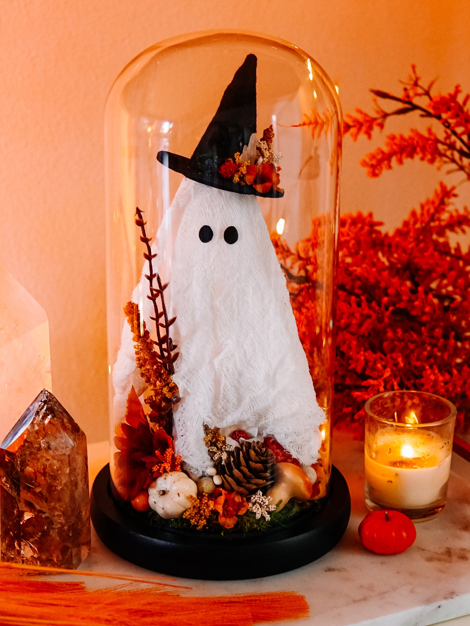 Autumnal Witch Ghostie In Glass Cloche (Large)