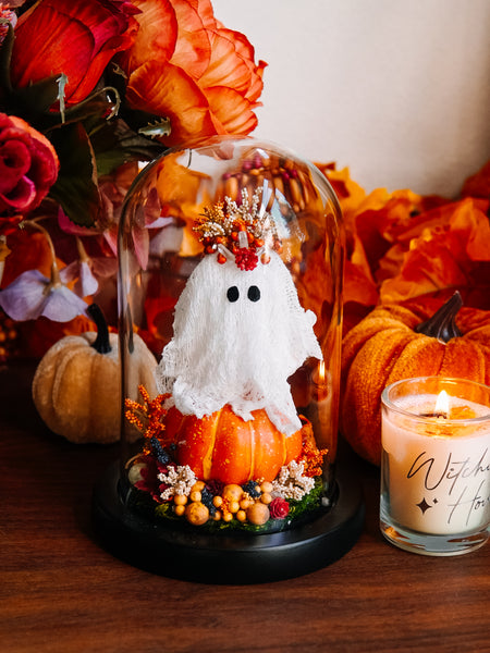 Autumnal Ghostie In Glass Cloche