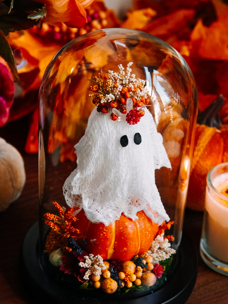 Autumnal Ghostie In Glass Cloche