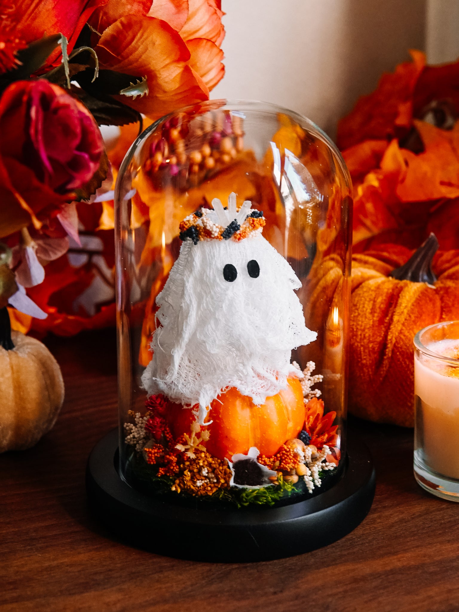 Autumnal Ghostie In Glass Cloche