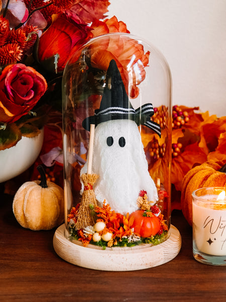 Autumnal Witch Ghostie In Glass Cloche