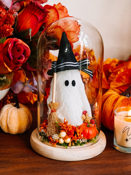 Autumnal Witch Ghostie In Glass Cloche