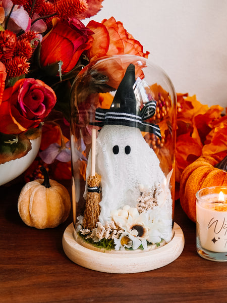 Autumnal Witch Ghostie In Glass Cloche