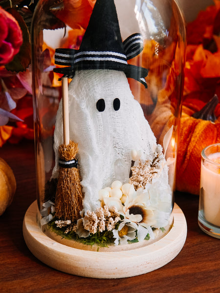 Autumnal Witch Ghostie In Glass Cloche