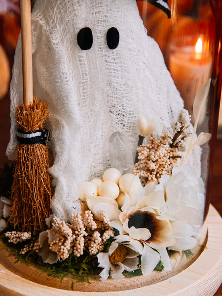 Autumnal Witch Ghostie In Glass Cloche