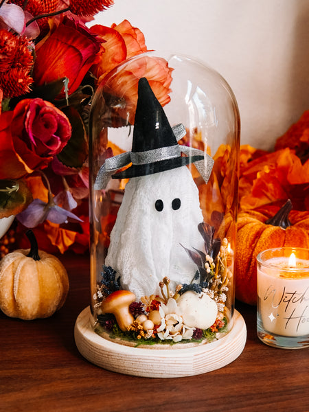 Autumnal Witch Ghostie In Glass Cloche