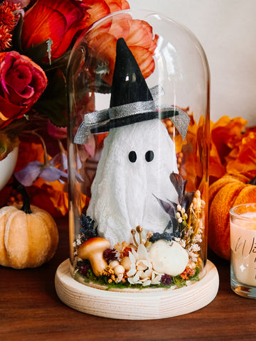 Autumnal Witch Ghostie In Glass Cloche