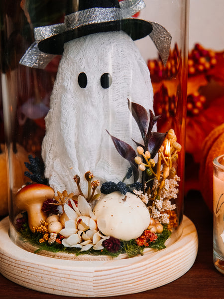 Autumnal Witch Ghostie In Glass Cloche