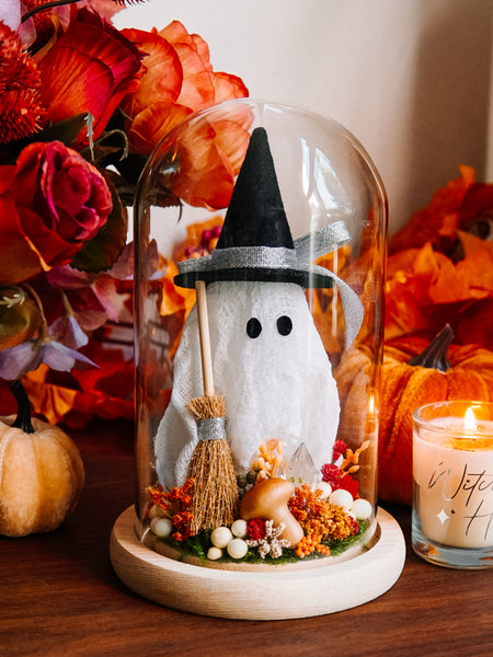 Autumnal Witch Ghostie In Glass Cloche