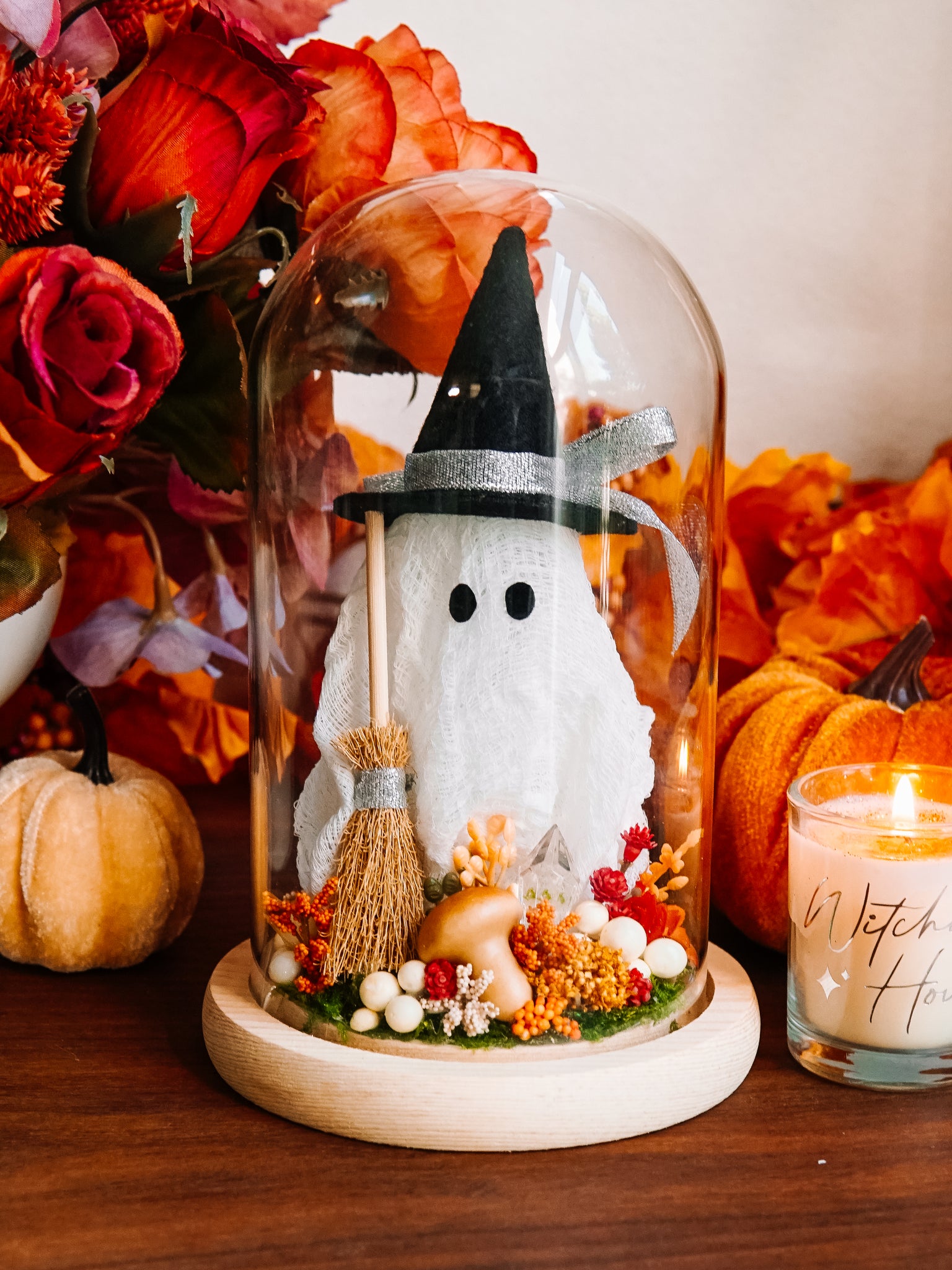 Autumnal Witch Ghostie In Glass Cloche