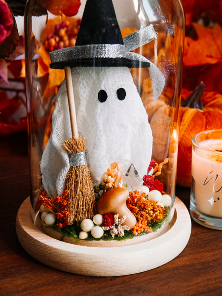 Autumnal Witch Ghostie In Glass Cloche