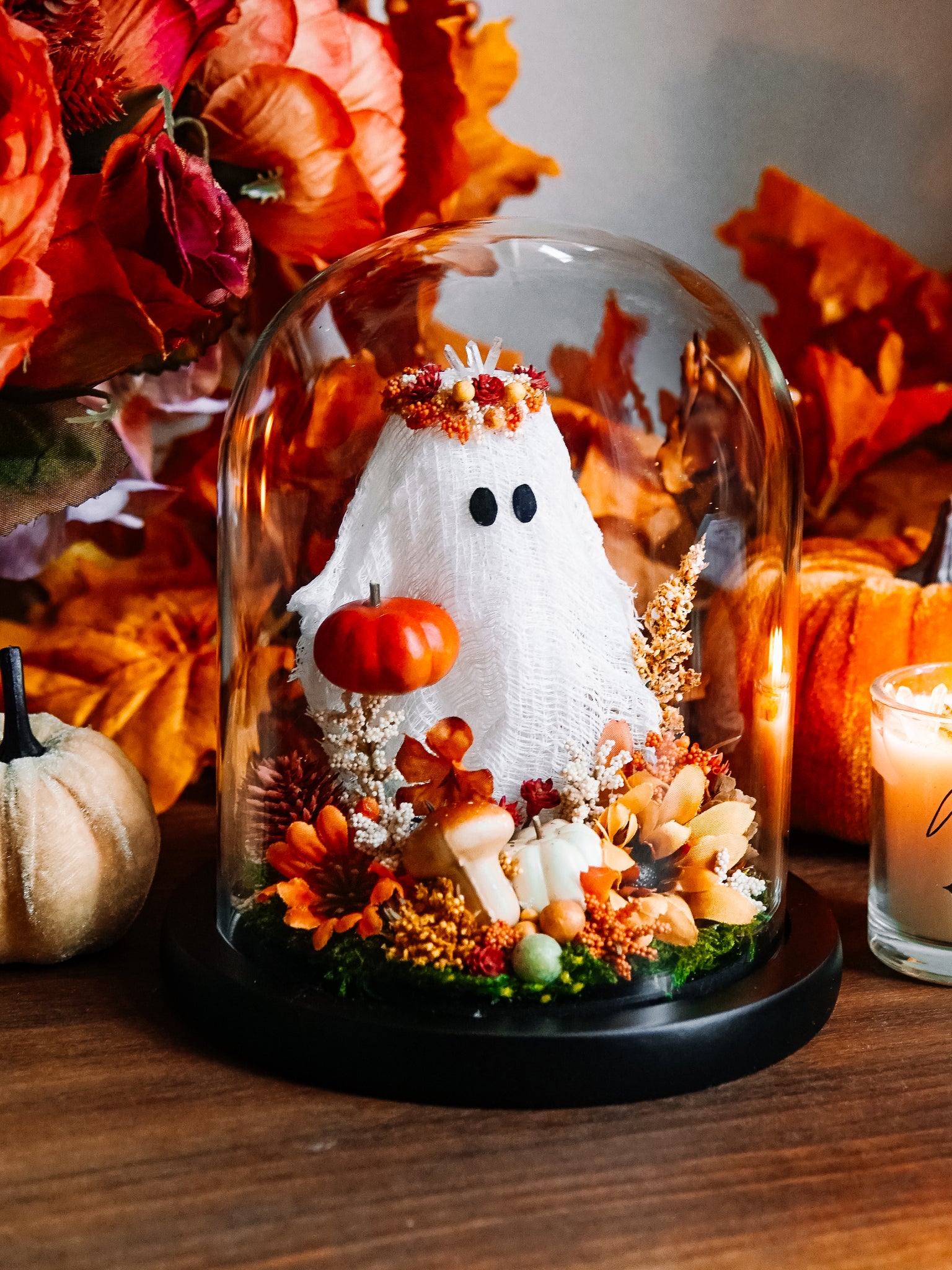 Autumnal Ghostie In Glass Cloche