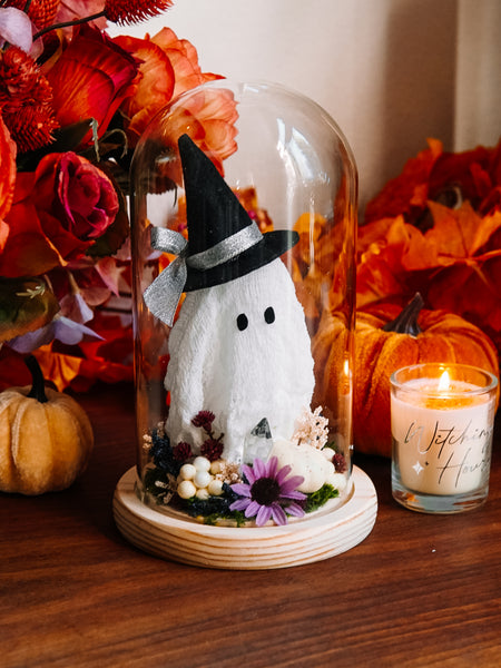 Autumnal Witch Ghostie In Glass Cloche