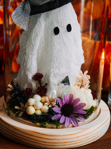 Autumnal Witch Ghostie In Glass Cloche