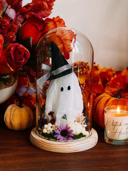 Autumnal Witch Ghostie In Glass Cloche