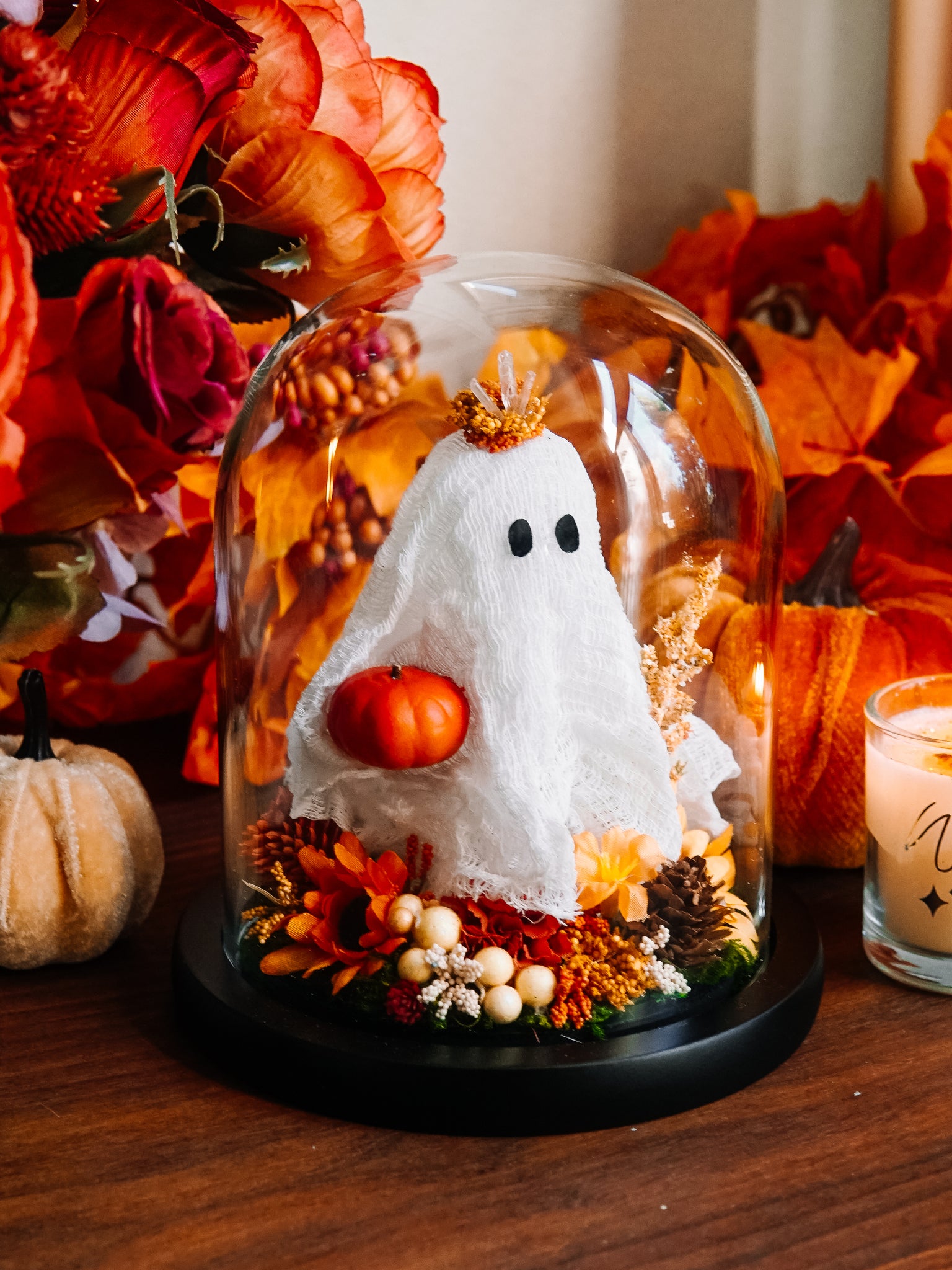 Autumnal Ghostie In Glass Cloche