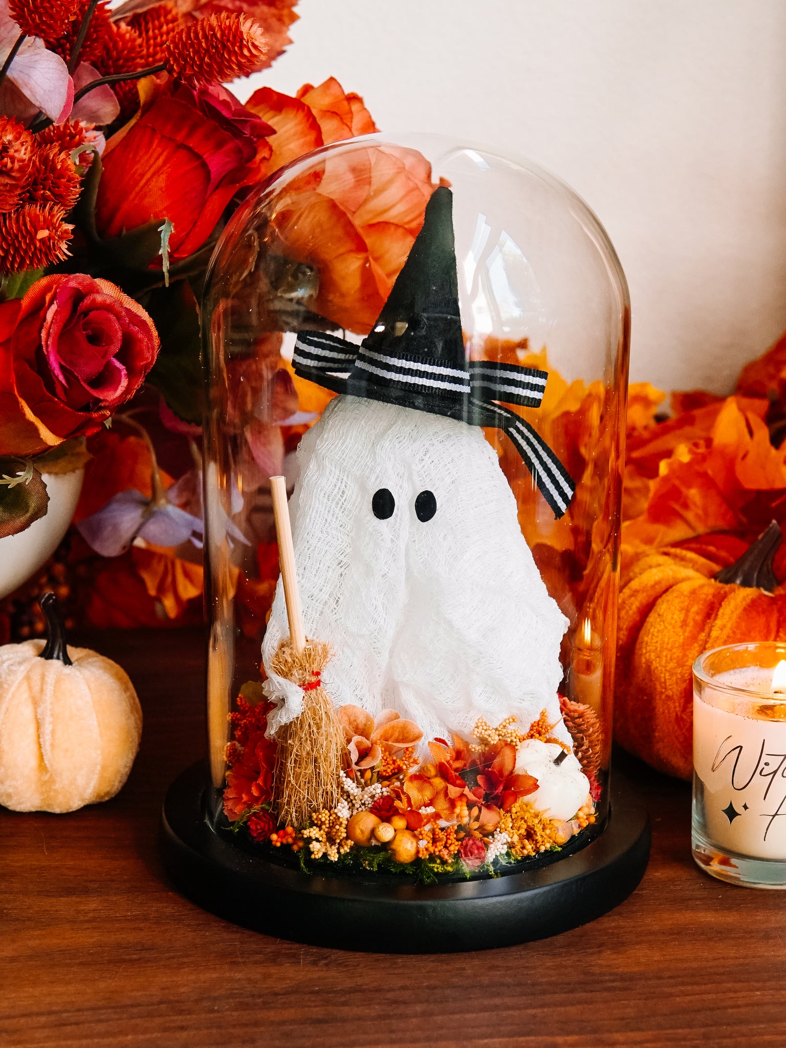 Autumnal Witch Ghostie In Glass Cloche