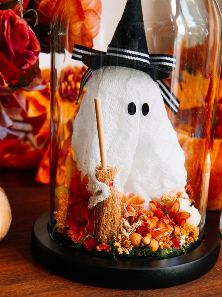 Autumnal Witch Ghostie In Glass Cloche