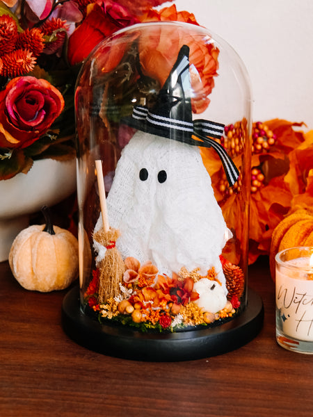 Autumnal Witch Ghostie In Glass Cloche