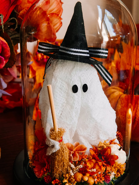 Autumnal Witch Ghostie In Glass Cloche