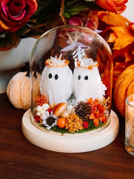 Autumnal Ghost Besties In Glass Cloche