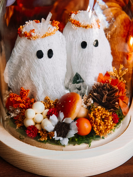 Autumnal Ghost Besties In Glass Cloche